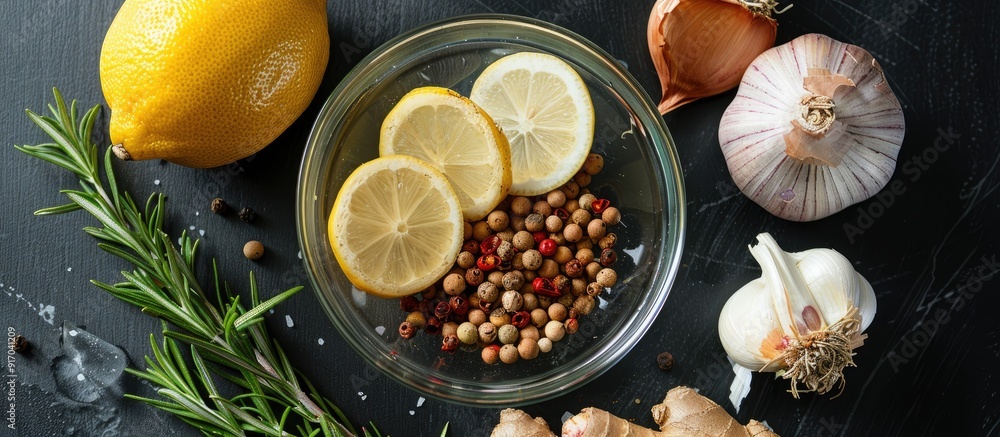 Aufkleber cooking ingredients like ginger chili garlic onion lemon allspice and rosemary displayed in a glass 