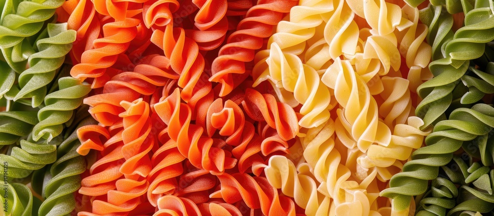 Poster colorful organic spiral pasta displayed on a multicolored food background with copy space image
