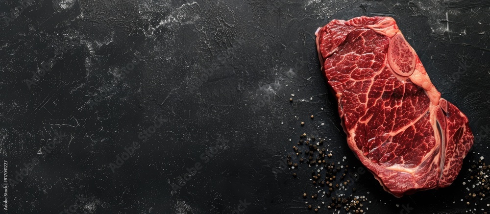 Poster Marble beef steak on a black background shot from above with empty space for text or graphics. copy space available