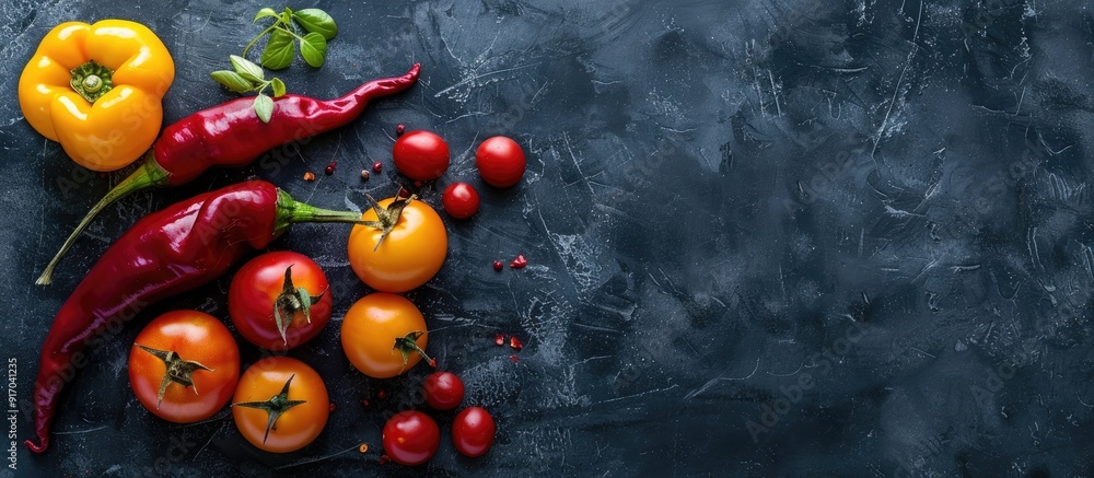 Poster red chili shaped bell peppers and small yellow and red tomatoes on a dark background with copy space