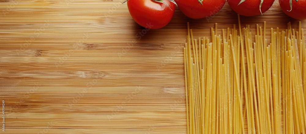 Poster italian food concept with spaghetti and pasta cooking ingredients on a bamboo backdrop creating a fl