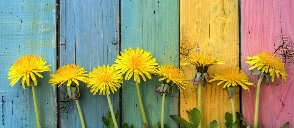 Aufkleber Yellow dandelions displayed on a colorful wooden backdrop with copy space image available