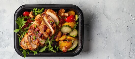 Roasted chicken in takeaway lunch box with healthy food delivery and a view from the top perfect for copy space images