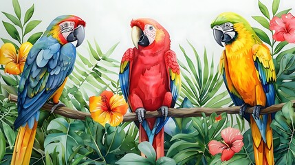 A watercolor pattern depicting rainforest animals, featuring parrots, monkeys, and toucans, dense green foliage, vibrant colors, detailed textures, seamless design, lively and natural, hd quality,