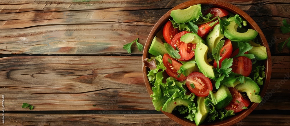 Aufkleber Top view of a salad featuring avocado tomato and fresh veggies on a wooden backdrop with ample copy space image