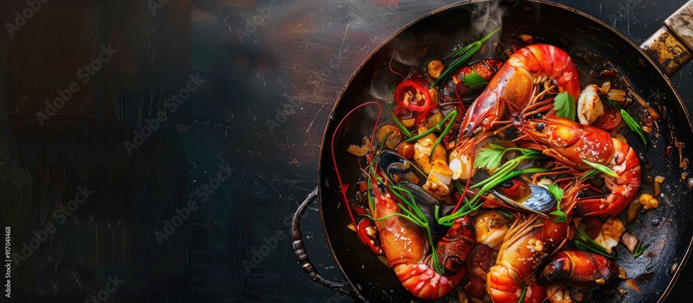 Poster cook a medley of seafood and chicken feet on a sizzling pan with a pleasing background of copy space