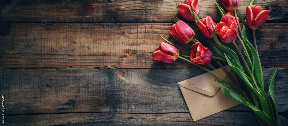 Poster an old wooden surface displaying spring tulips and an envelope with copy space image