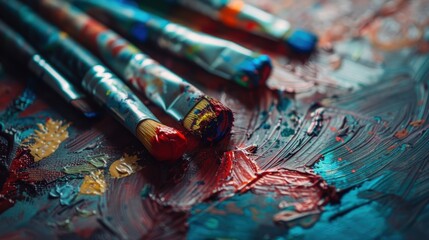 Obraz premium Artist's creative process is depicted as paint brushes rest on a vibrant palette