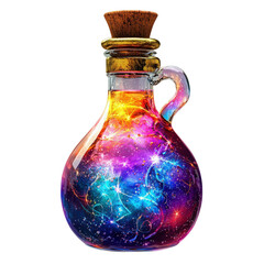 A vibrant potion bottle filled with a colorful cosmic mixture, perfect for fantasy themes and magical illustrations.