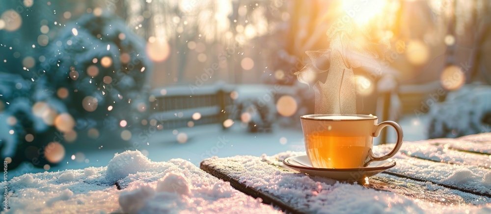 Poster winter scene with a steaming cup of tea on the snowy garden terrace creating a cozy ambiance perfect
