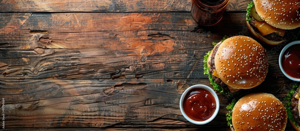 Poster Top down view of tasty cheeseburgers and beverages on a wooden surface with blank area for text ideal for a copy space image