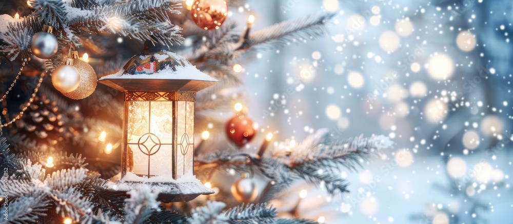 Aufkleber snow covered fir tree branches and festive baubles surrounding a radiant christmas lantern in a wint