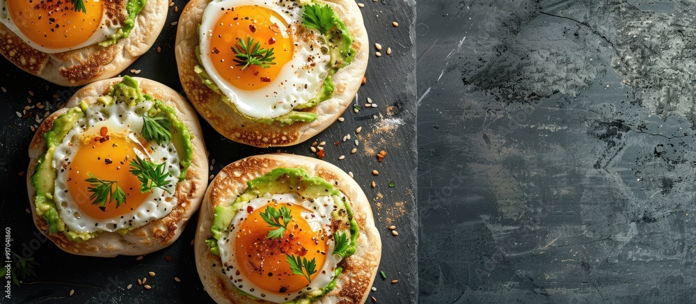 Poster copy space image featuring a breakfast concept with fresh homemade english muffins topped with avoca