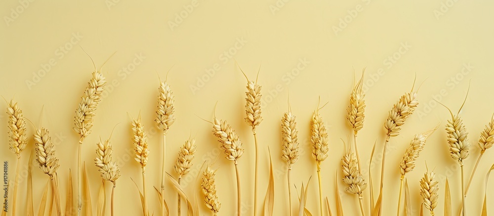 Poster Close up copy space image of golden wheat and rye ears arranged in rows against a light yellow background