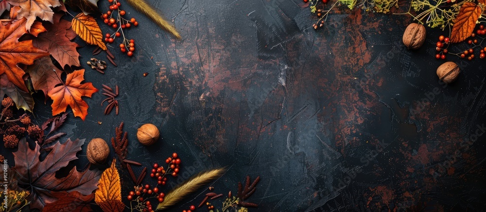 Aufkleber Colorful fall foliage nuts and grass in a corner border atop a rustic dark banner background shown from above with a copy space image below