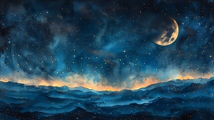 Fototapeta premium A watercolor pattern of a serene night sky, deep indigo background, twinkling stars, crescent moon in gold, soft gradients blending colors, seamless design, ethereal and calm, hd quality,