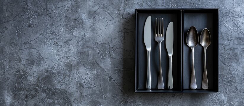 Aerial shot of a silver cutlery set in a black box on a gray concrete surface with copy space image included
