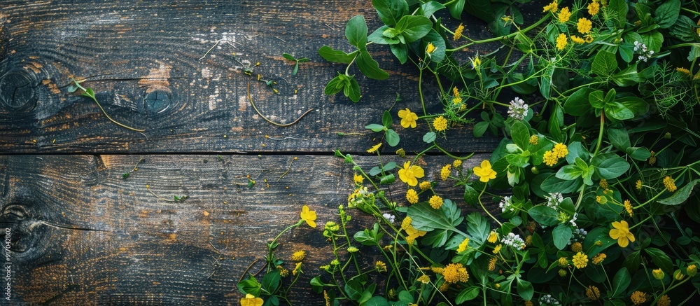 Aufkleber a rustic textured table showcasing a bunch of green wild plants and yellow buttercups creating a mid