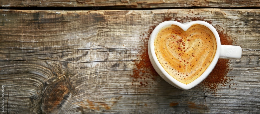 Poster top view of heart shaped hot coffee on a wooden background with copy space image