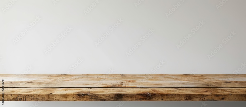 Poster a wooden table resting against a white wall creates a simple and elegant backdrop for any object wit