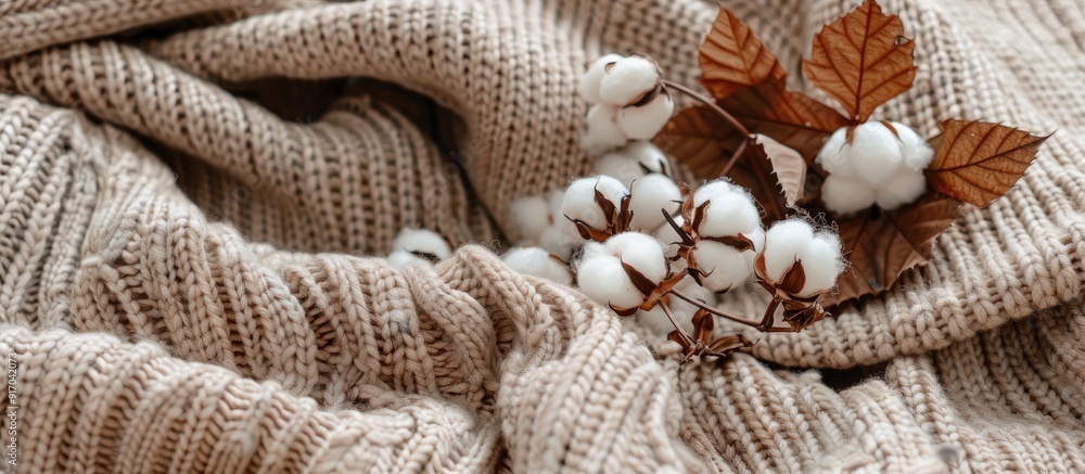 Aufkleber top view copy space image featuring a cozy autumn setup with cotton flowers on a knitted beige sweat