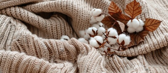 Fototapeta premium Top view copy space image featuring a cozy autumn setup with cotton flowers on a knitted beige sweater or plaid background embodying a fall concept with a touch of cozy lifestyle details