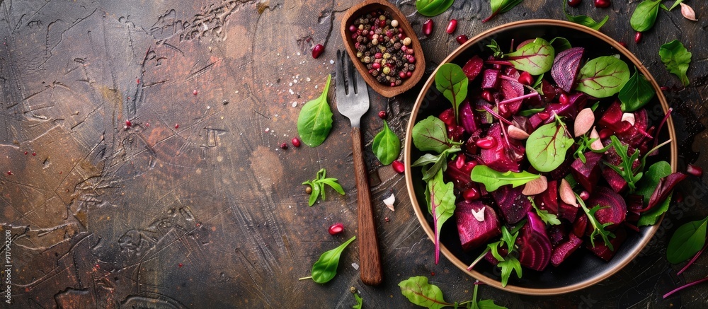 Poster Healthy beet salad on a rustic table with copy space image of fresh vegetables for a balanced diet and snack option