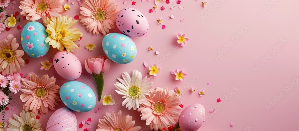 Aufkleber easter greeting card with vibrant eggs and flowers on soft pink backdrop from above showcasing copy 