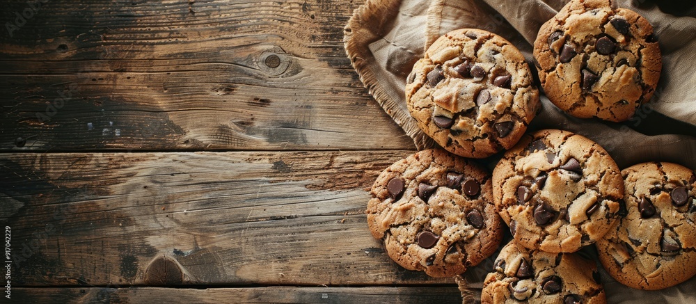 Leinwandbilder a studio shot captures homemade chocolate chip cookies on a rustic wooden table with a vintage style