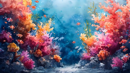 A watercolor pattern of an underwater coral reef, vibrant corals, colorful seaweed, various marine life, bright blues and greens, soft gradients, intricate details of fish and coral textures,