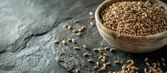 Ancient spelt cereal displayed on a dark grey stone table with selective focus for a copy space image