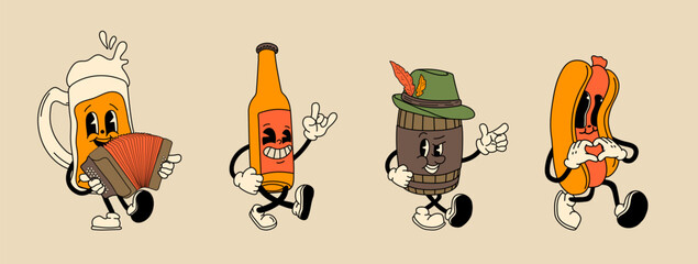 Set of retro Beer, Hot Dog mascot character. 40s, 50s, 60s old animation style. Oktoberfest mascot