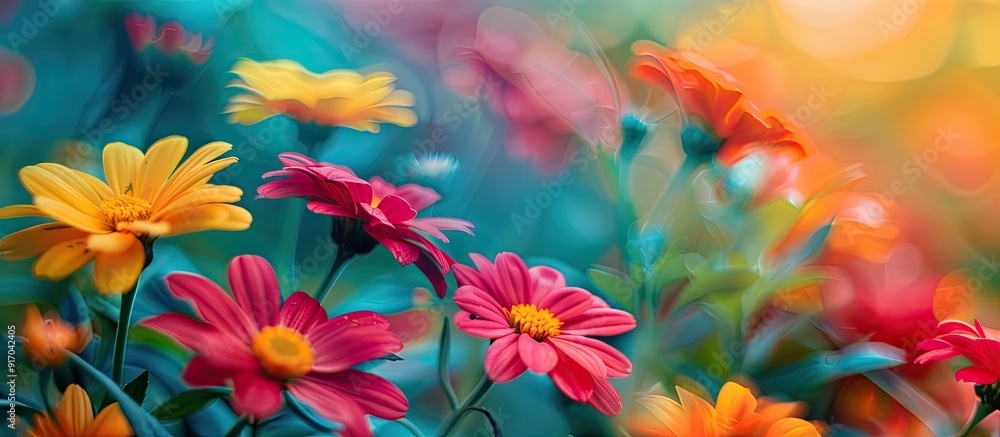 Poster Vibrant flowers in focus with blurred background allowing for copy space image