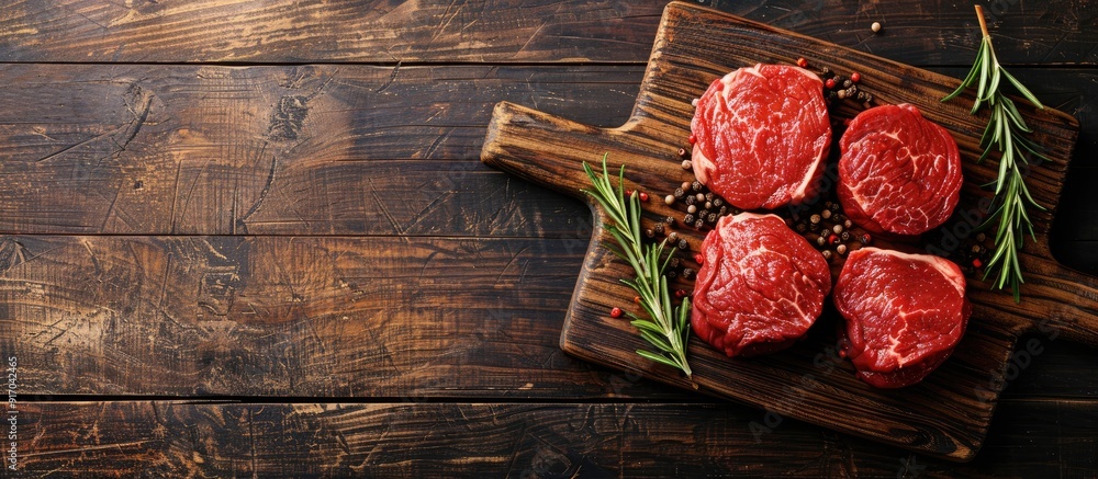 Poster raw beef steak on a wooden cutting board with copy space image is displayed