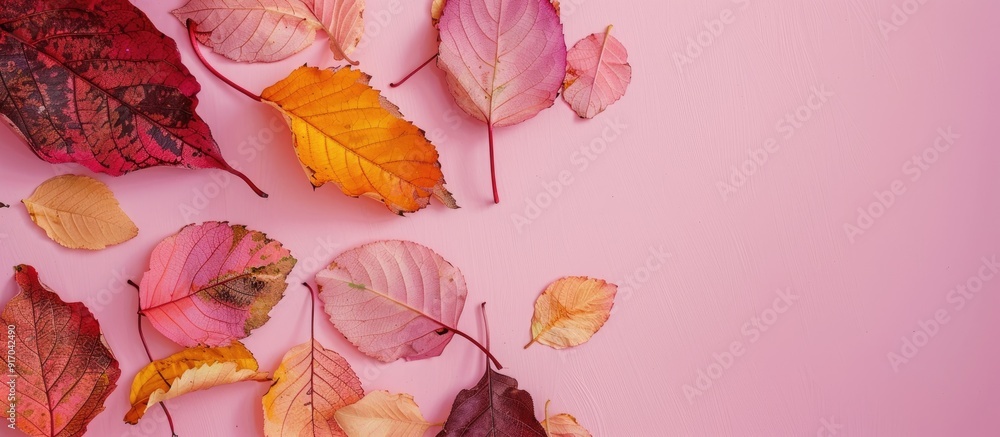 Aufkleber variety of colorful autumn leaves on a soft pink backdrop with copy space image