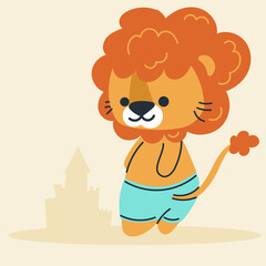 Cute kawaii lion on beach in cartoon, flat, doodle, simple style. Design element for posters, postcards, greeting cards, wallpapers, children's clothes, fabrics, t-shirts, logos