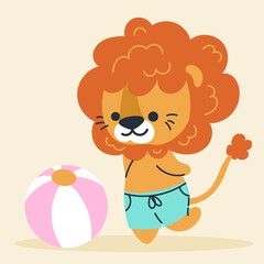 Cute kawaii lion on beach in cartoon, flat, doodle, simple style. Design element for posters, postcards, greeting cards, wallpapers, children's clothes, fabrics, t-shirts, logos