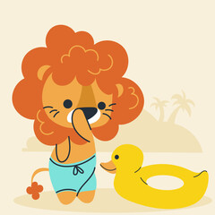Cute kawaii lion on beach in cartoon, flat, doodle, simple style. Design element for posters, postcards, greeting cards, wallpapers, children's clothes, fabrics, t-shirts, logos