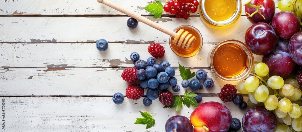 Poster top view of fresh grapes blueberries plums and honey on a white tabletop with a wooden background cr