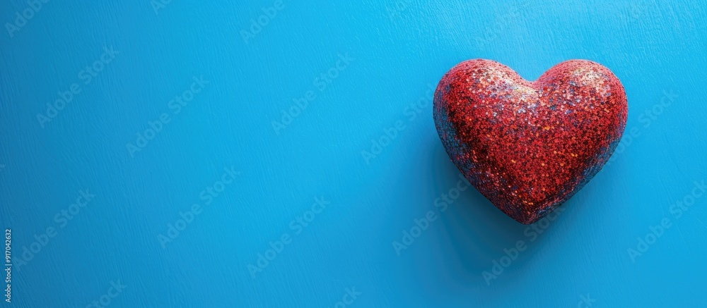 Leinwandbilder top down view of a red heart on a blue background ideal for valentine s day featuring ample copy spa