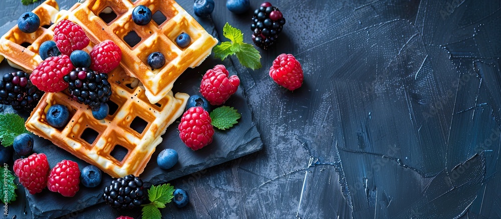 Poster Stone table with waffles and berries seen from above ideal for placing your text within the scene. copy space available