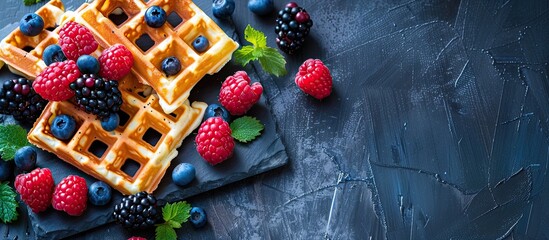 Stone table with waffles and berries seen from above ideal for placing your text within the scene. copy space available