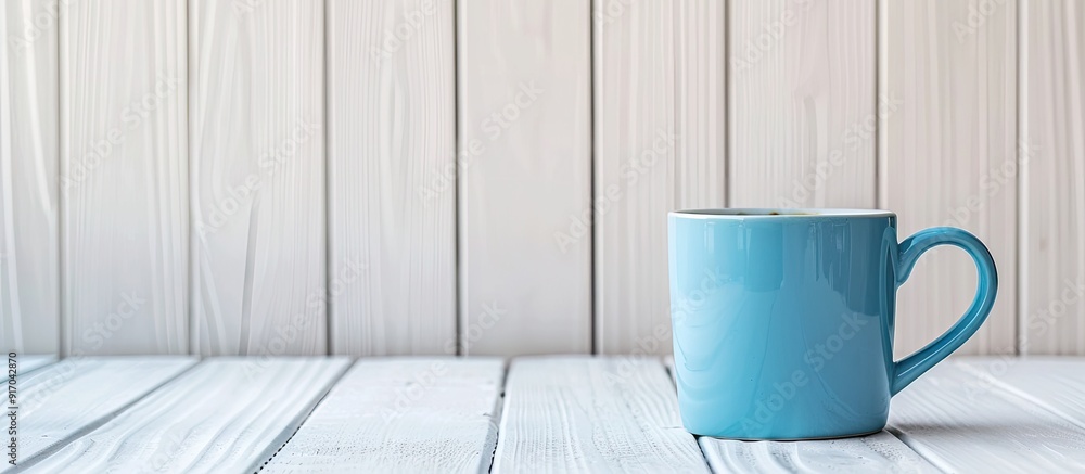 Poster a blue coffee cup sits on a white wooden table in a pleasant arrangement leaving room for additional