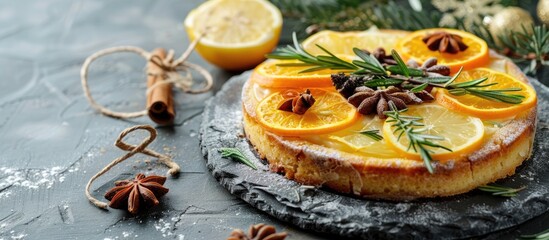 Fototapeta premium Festive citrus cake adorned with rosemary anise and lemon on a grey stone backdrop with holiday embellishments Close up shot with space for text or images. copy space available