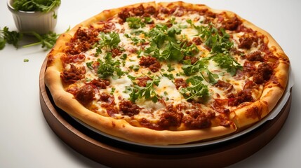 Chicago style deep dish pizza, close view highlighting the delicious textures, front view from above, studio lighting, white background.