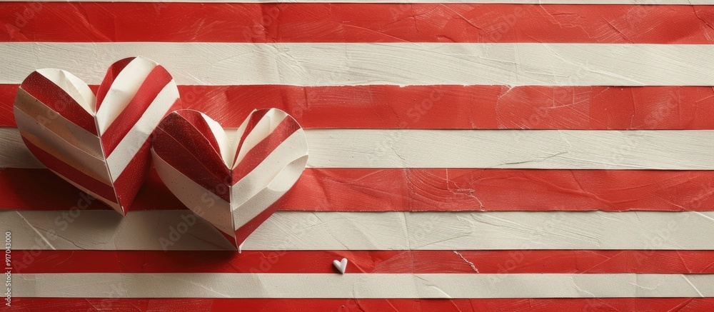Poster two artisan made paper hearts displayed on a background with red and white stripes with copy space i