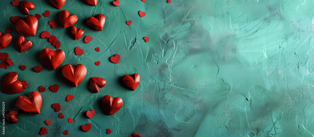 Aufkleber valentine s day card featuring red hearts on a green background with a copy space image available