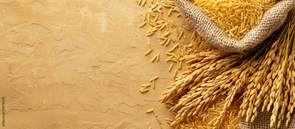 Poster Top view of golden rice spikes with paddy rice and rice grain yield in the background on copy space image