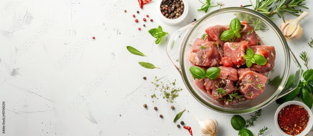 Poster copy space image of a clear pot filled with raw meat surrounded by spices and herbs on a white backd