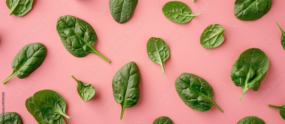Aufkleber Green spinach leaves on a pink background in a flat lay top view offering a creative food concept with a vegetable pattern design for a healthy lifestyle ideal for use as a copy space image